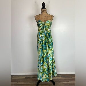 Laundry By Shelly Segal 90s Y2K Satin Strapless Maxi Dress Sz 2 Silky Green Blue